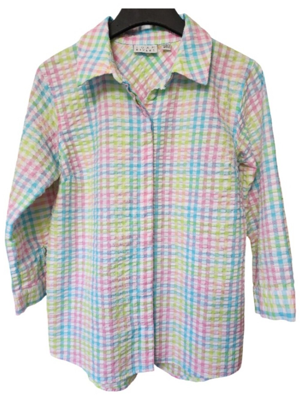 JOAN RIVERS Textured Gingham Seersucker Blouse Pastel Multi-Plaid Size Small